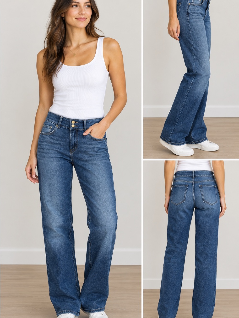 TIFFOSI W32 Double-Up Medium/High Rise Straight Leg Jeans Blue Denim 99% Cotton